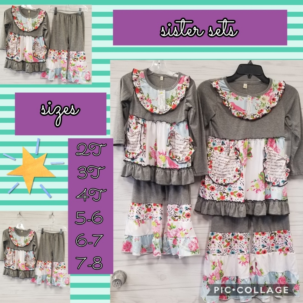 Ruffle boutique pants set girls gray floral combo